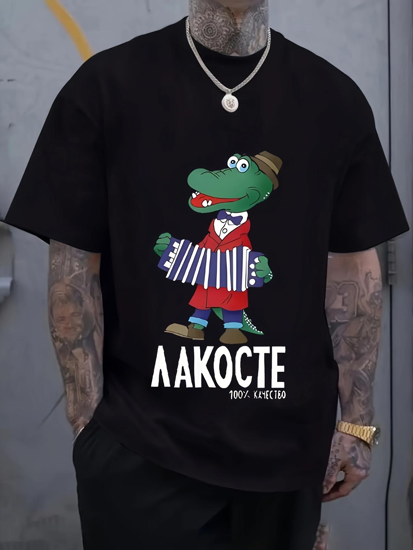 Dinosaur Graphic T-shirt - Black Casual Short Sleeve Round Neck Tee with Cartoon Dinosaur & AAKOTE Text Print M