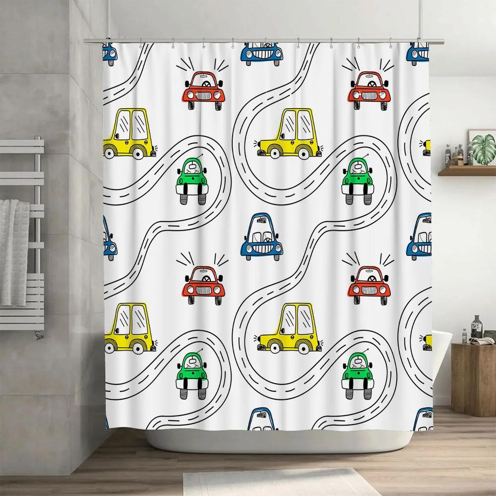 Whimsical Car Shower Curtain Kids Bathroom Decor, Cartoon Pattern Bath Mat Set, Creative Home Accessories, White Background, Mul