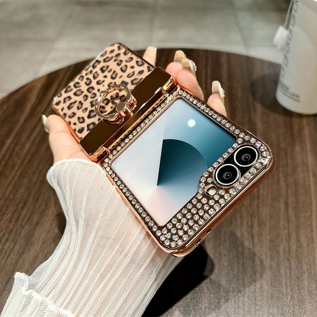For Samsung Galaxy Z Flip7 FE 5G/Z Flip6 5G Case Leopard Pattern Ring Holder Rhinestone Hard PC Phone Cover