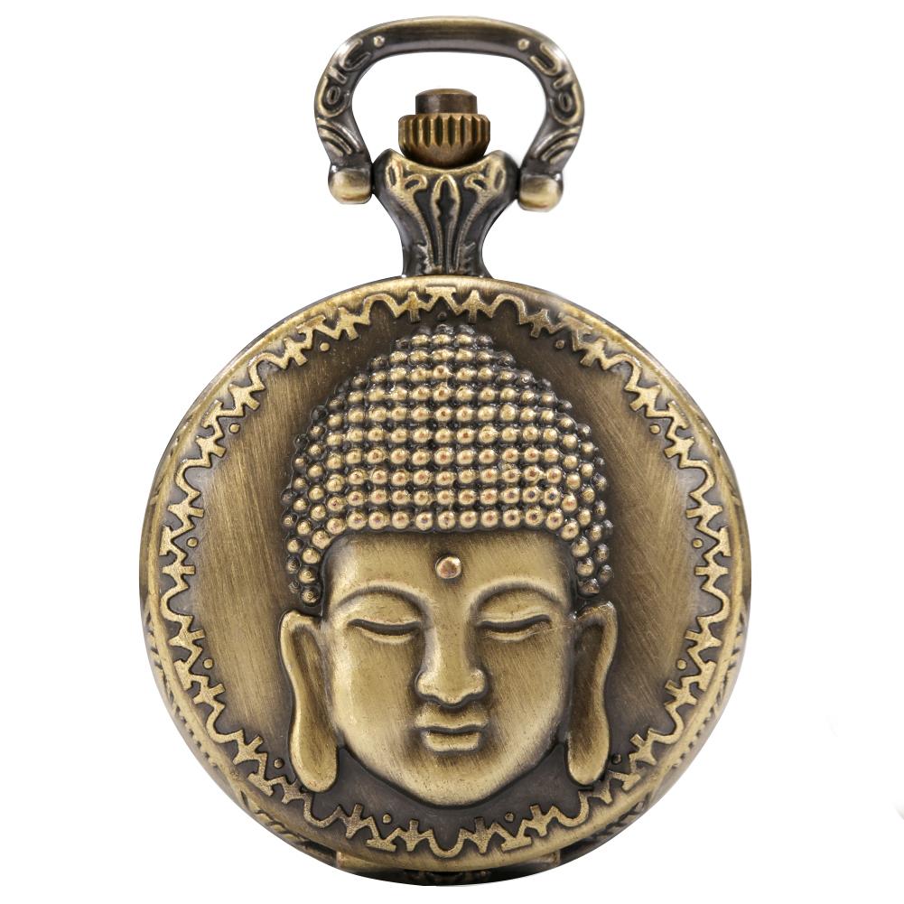 Vintage Bronze Men Women Quartz Pocket Watch Pendant Arabic Numerals Pocket Watch with Chain Creative Buddha Head Old Fashioned Pocket Watch for Dad