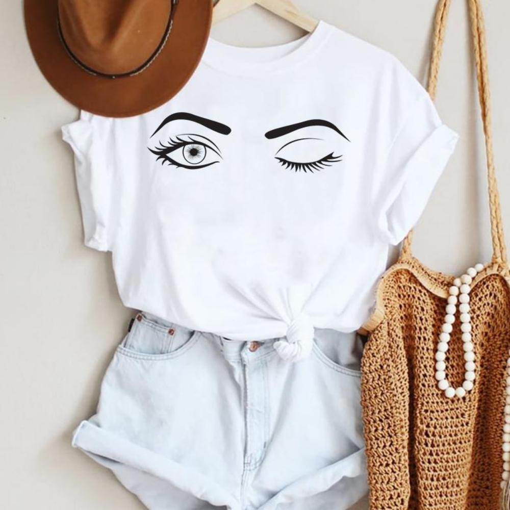Make Up Letter Funny New Eye Eyelash Fashion Cartoon Summer Lady Print Tee Stylish T Top  Tshirts  Women Clothes
