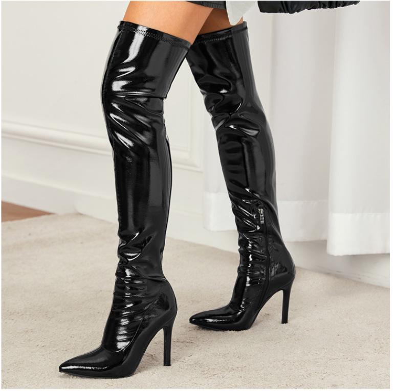 Cross2023 Women's Soft Patent Leather Stiletto Over-the-Knee Boots with Pointed Toe & Side Zipper