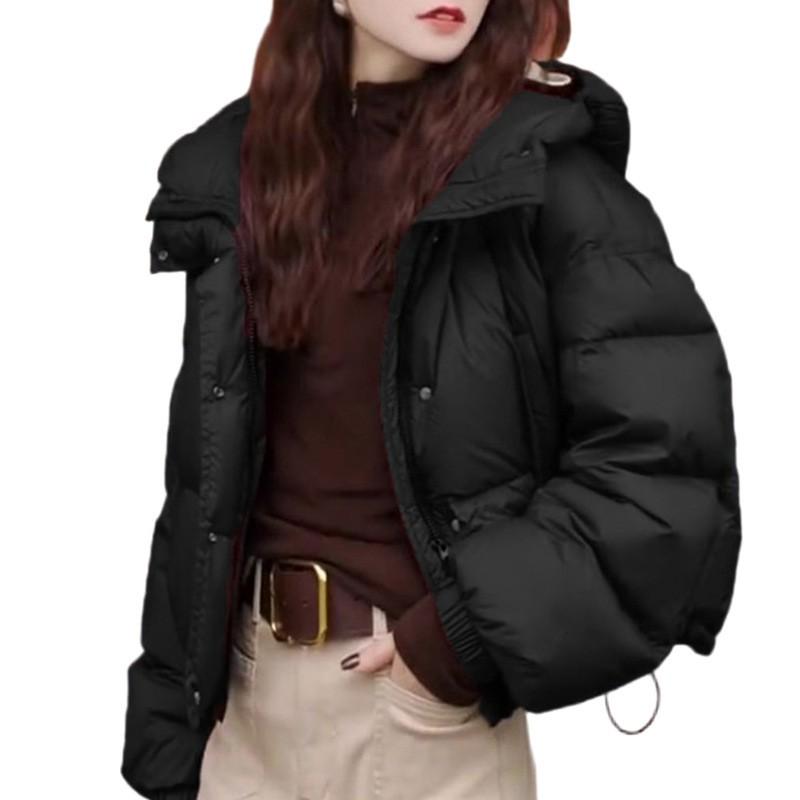 Womens Red Brown Hooded Short Cotton Coat Casual Winter Zip-up Loose Fit Jacket