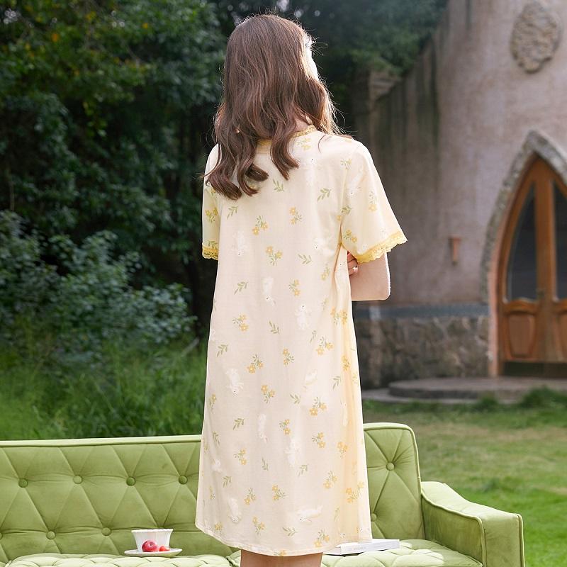 Fenteng 100% Cotton V-Neck Short-Sleeved Thin Nightgown