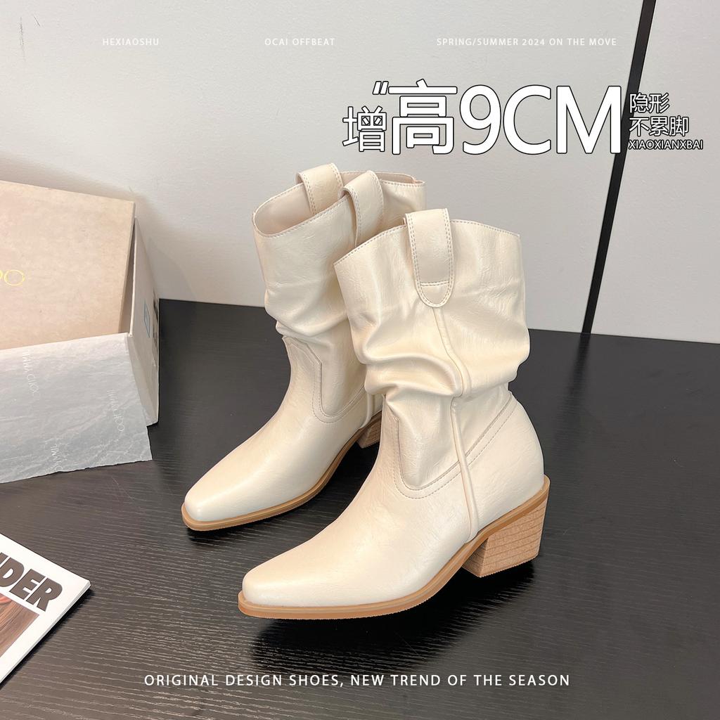 2025 nová verze z hovězí kůže špičaté boty s krátkým svrškem dámské boty na vysokém podpatku retro westernové kovbojské rytířské boty Martensky