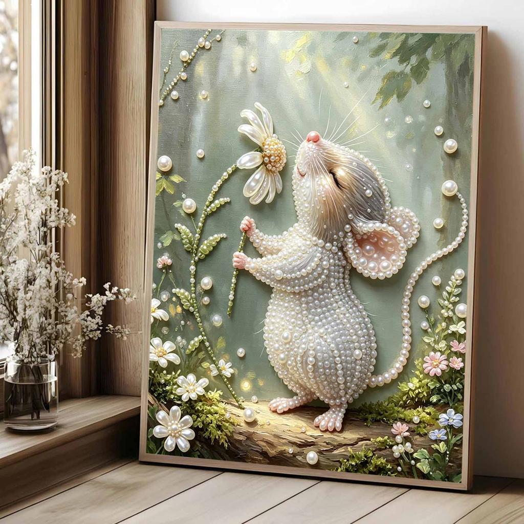 Relaxing DIY Pearl Painting Kit Framed with Cute Mouse and Daisy Design 5D Sparkling Bead Canvas Craft for Girls Bedroom Decor Art Gift