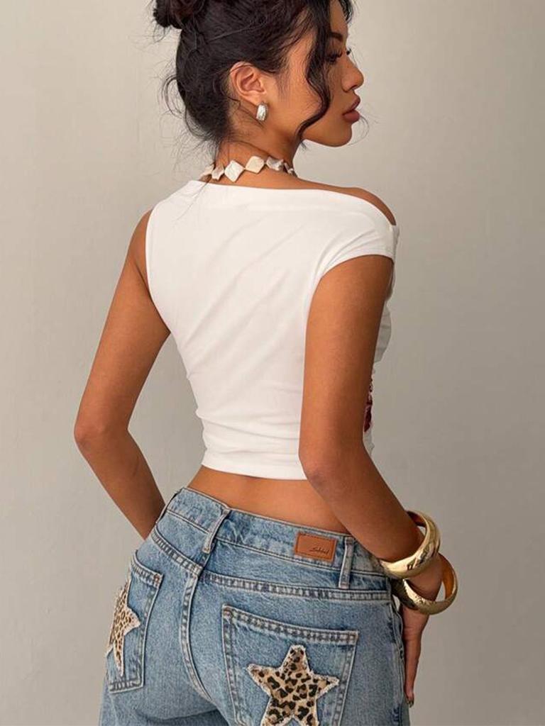 Sexy Off-Shoulder T-Shirt Women's Summer New Style Sleeveless Fit Top Short Sleeve