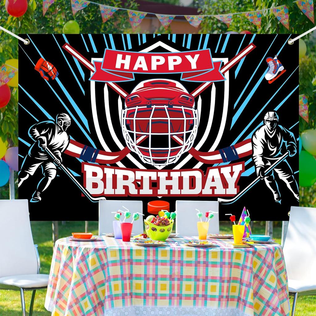 Ice Hockey Happy Birthday Backdrop Banner Ice Hockey Rink Game Sports Theme Background Decor for Player Adult Kids Boys Girls Birthday Party Favors