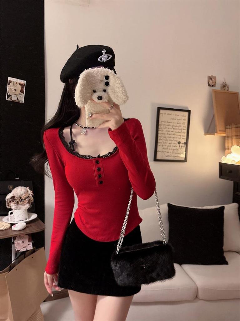 Women's Red Lace Patchwork Long Sleeve Slim-Fit T-shirt - Autumn/Winter Trendy Base Layer Top