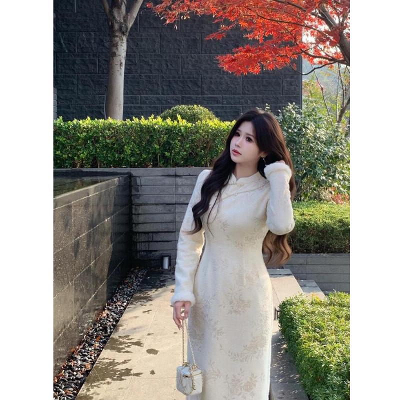 Plus Size New Chinese Style Off-White Jacquard Qipao Dress
