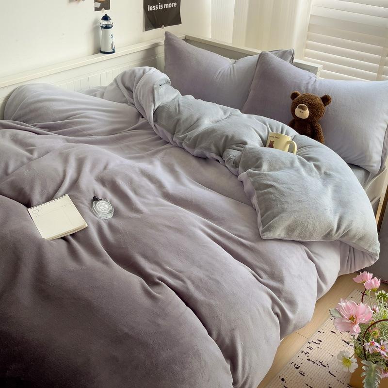 Thickened Milk Fleece Four-Piece Set, Milk Fleece Coral Fleece Bed Sheet Quilt Cover Double-Sided Flannel Bed Three-Piece Set