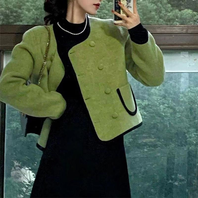 Green Women's Fall and Winter Short Section of Small Fragrant Wind Jacket
