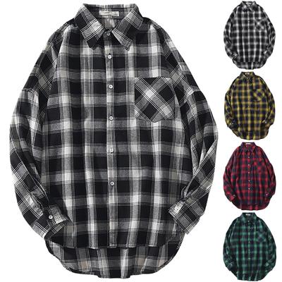 Men's  Casual Fashion Plaid  Printing Loose Lapel Long Sleeve Shirt Tops Blouse