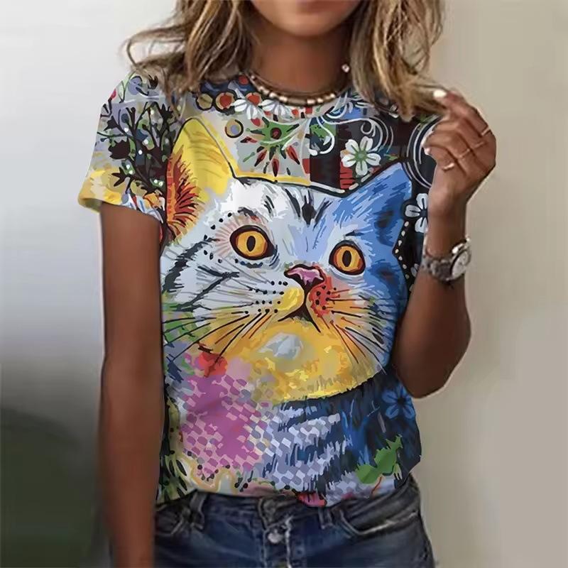 Summer Round Neck 3D Cat Pattern Print Top Fashionable Casual Short Sleeved Women's T-shirts