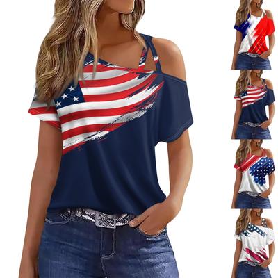 Women's Fashion Casual Independence Day Print Sexy Cold Shoulder Short Sleeve T-shirt Top