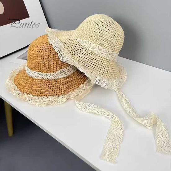 Sonnenhut aus Stroh mit breiter Krempe, gestrickter Fischerhut aus hohlem Stroh mit Spitzenbandverzierung, Sommer-Strandhut für Wanderausflüge und Reisen