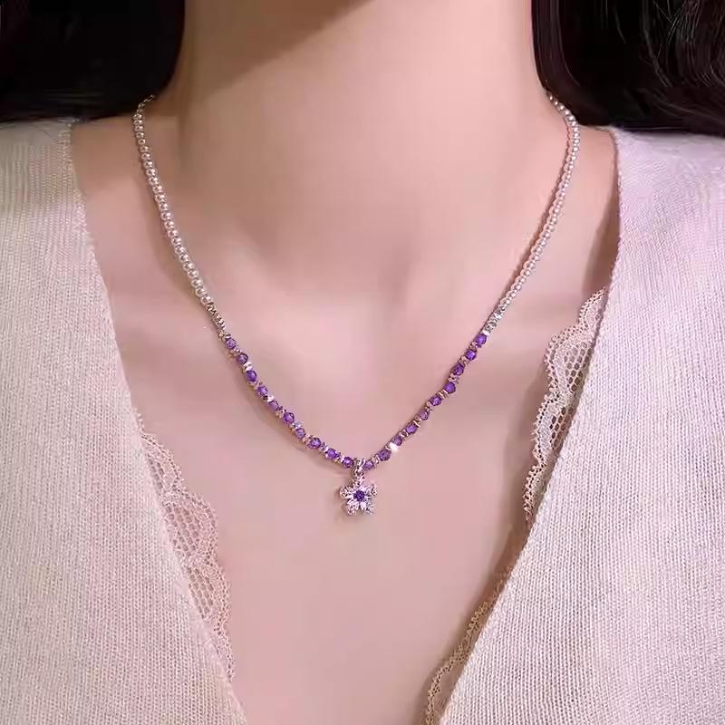 Glass, pearl, broken silver, zircon flower pendant, necklace, accessories, high-end fashion collarbone chain, new items.
