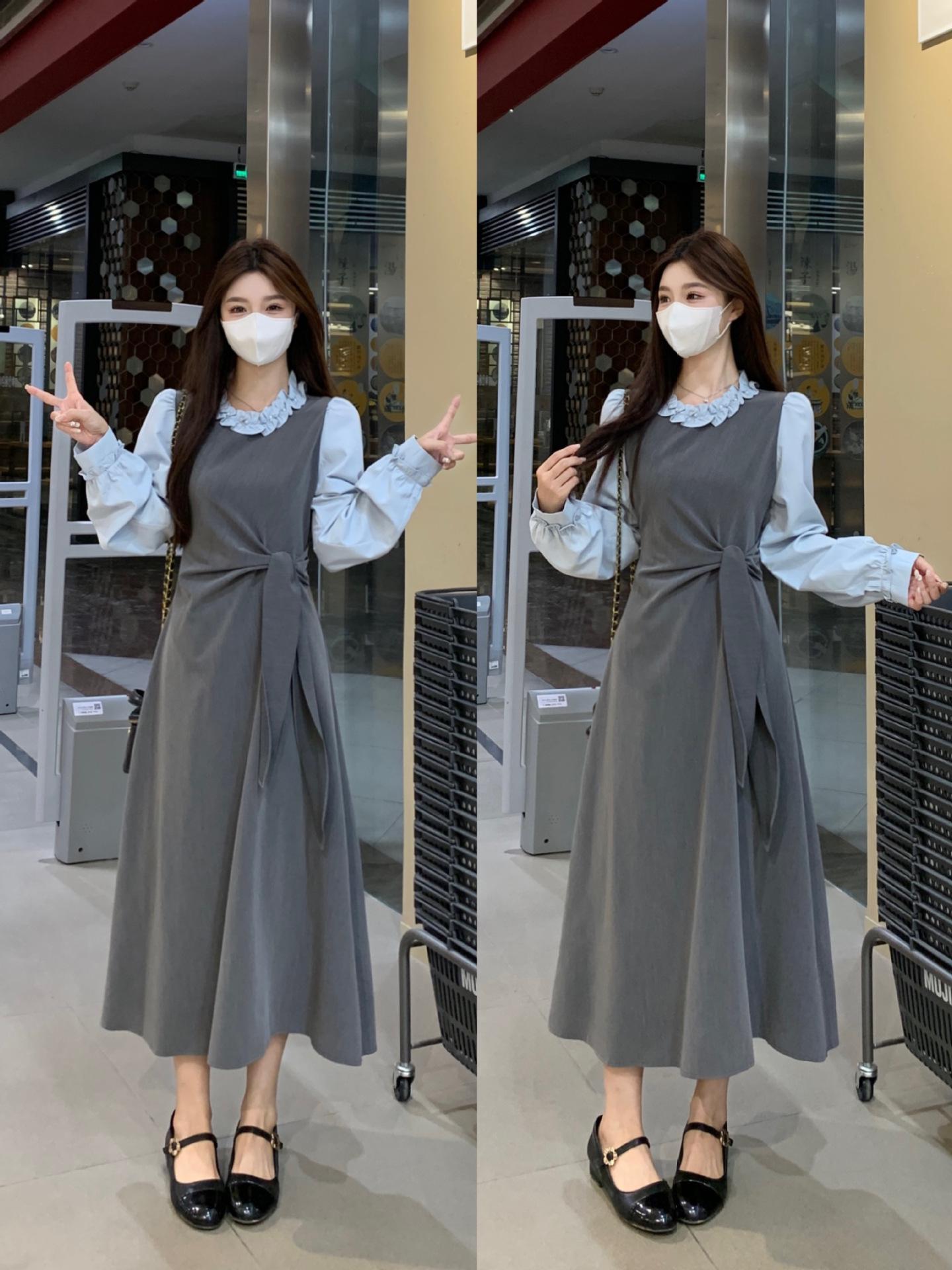2026 Spring Plus Size Waist-Cinched Elegant Skirt with Faux Two-Piece Design L серый