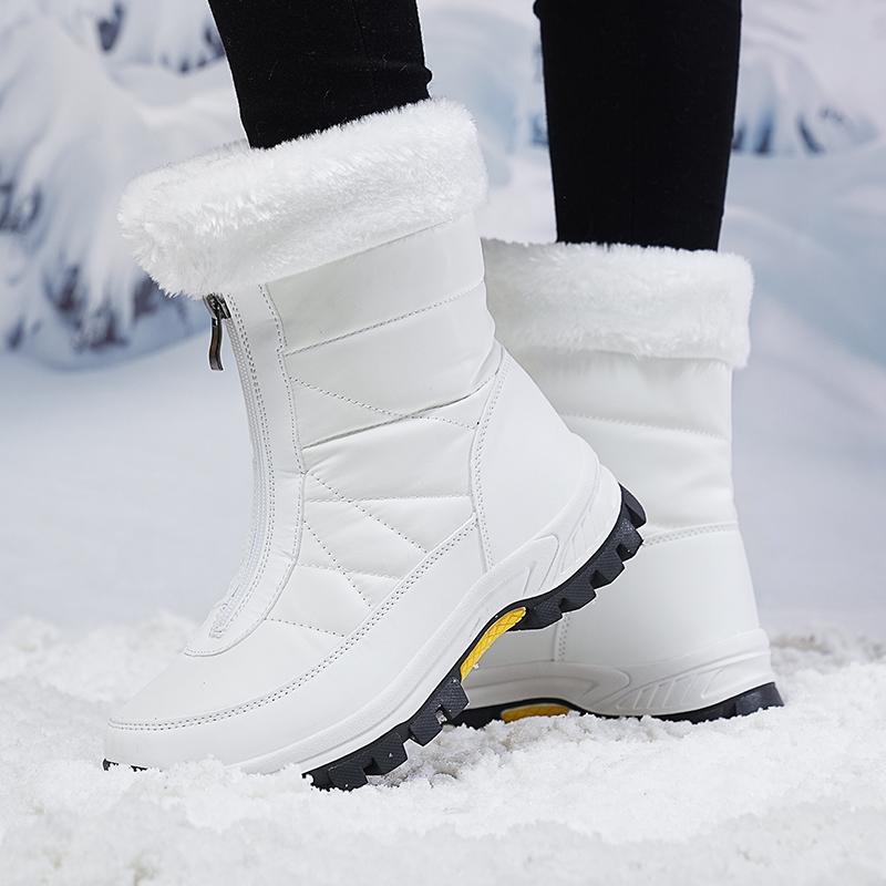 Women's Winter Leather Boots Women Winter Shoes Keep Warm Non-slip Black Snow Boots Ladies Lace-up White Boots