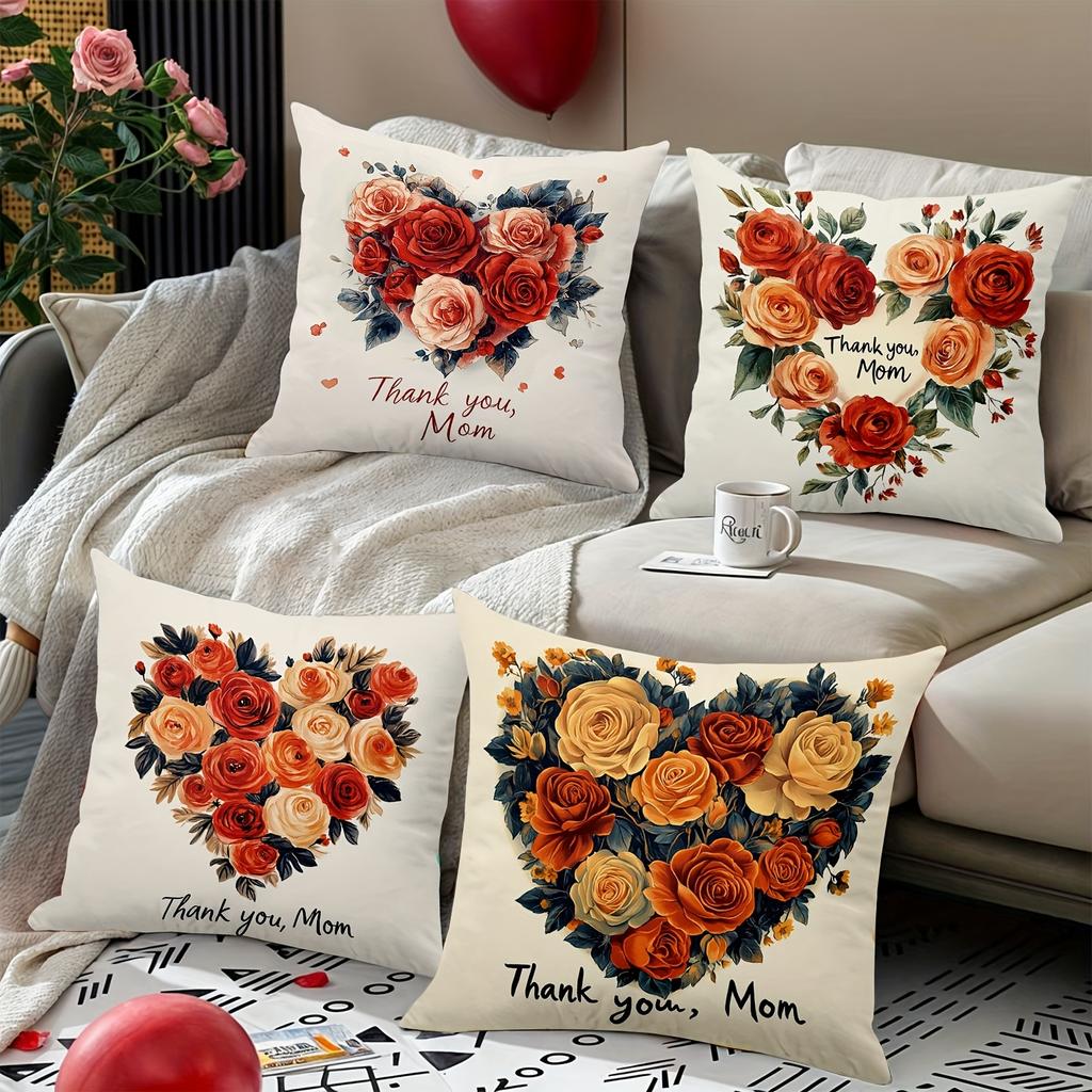 4pcs Happy Mother's Day Decorative Pillowcase Set, 18x18 Inch Floral Heart Cushion Covers for Sweet Home Decor, Gift for Mom, for Porch Patio Sofa