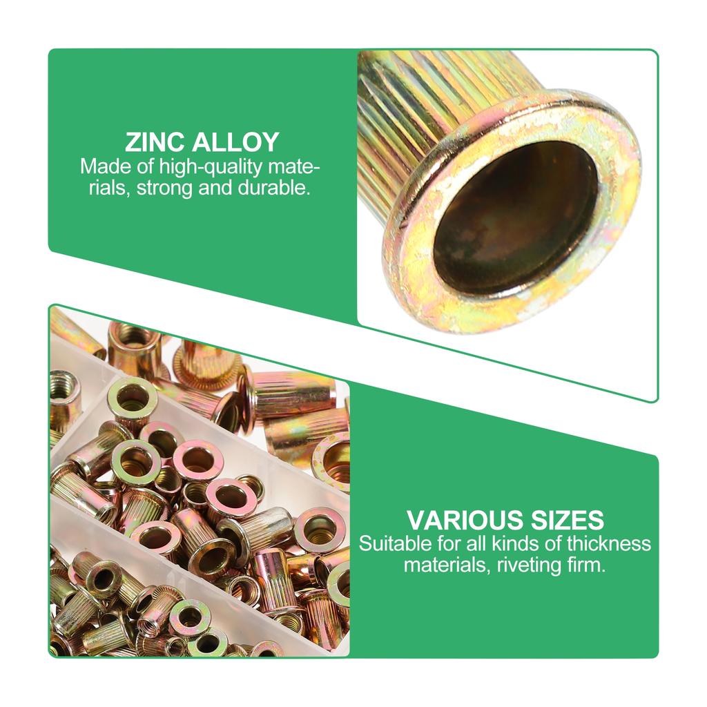 165 Stück Farbverzinkte Zinknietmuttern Zinkmuttern Gewinde Metrische Einsätze (golden) Einnietmuttern Flachkopf Gewinde