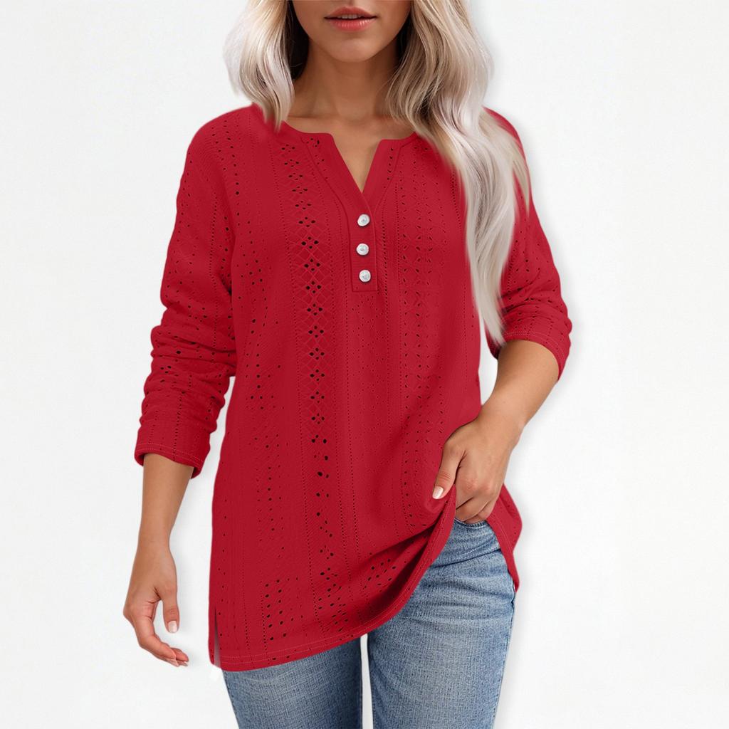 T-skjorte for kvinner T-skjorte med knapp 3/4 ermer Daglig helgmote Basic V-hals vanlig topp