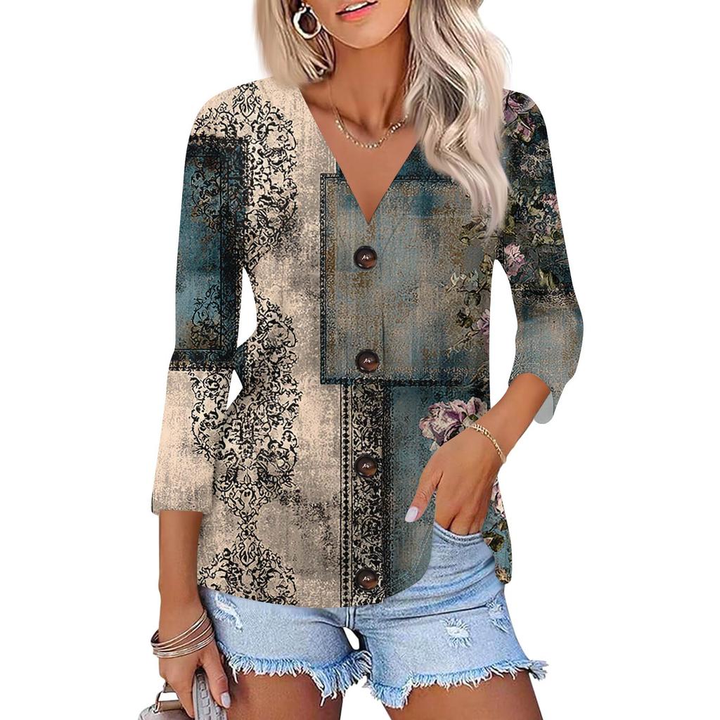 Women's Fashion Casual Print Button-down Shirt 3/4 Long Sleeve Tops