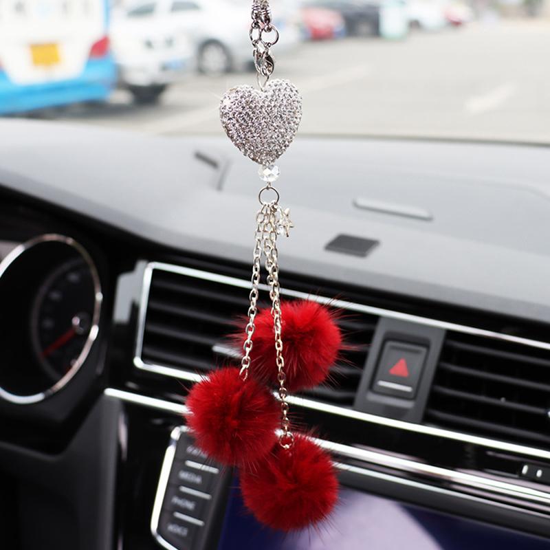 Rhinestone Crystal Plush Pendant Auto Rearview Mirror Ornament Car Mirror Hanging Accessories Car Interior Decoration