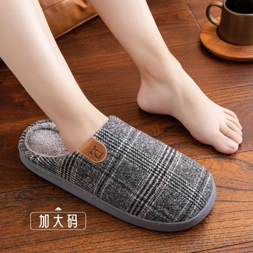 Fashion Plaid House Slipper Male Men  Plus Large Size Thermal Winter Warm Fuzzy Fur Contton Plush Non Slip Indoor Lazy Home Shoe Flat