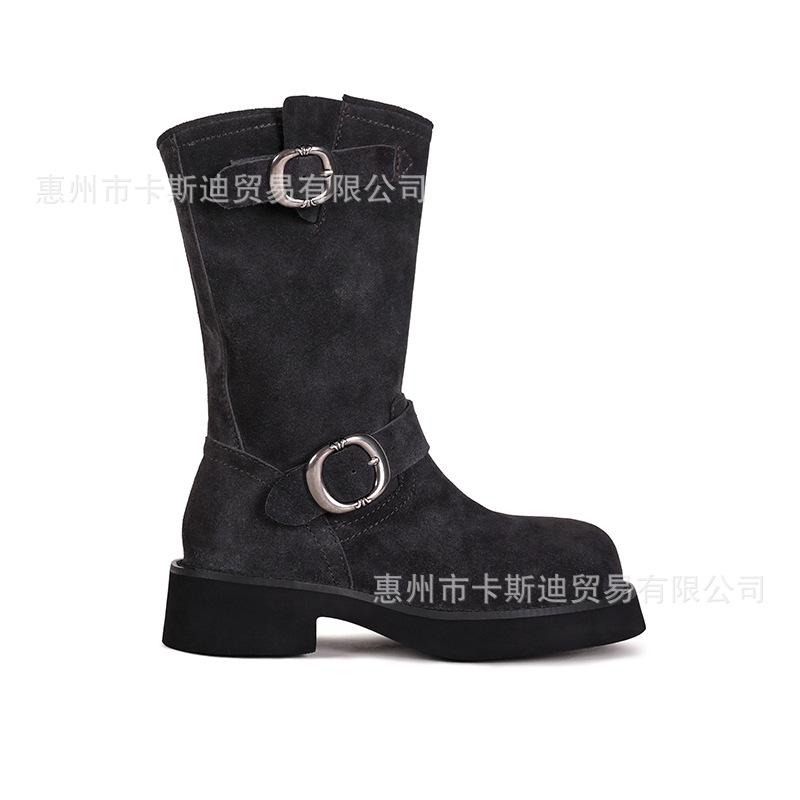 Cowhide Version Stacking Boots Women's Boots King Fried Medium Tube Thick-soled Stacking Boots Are Thin, Cover Meat and Show Legs, Long Autumn and