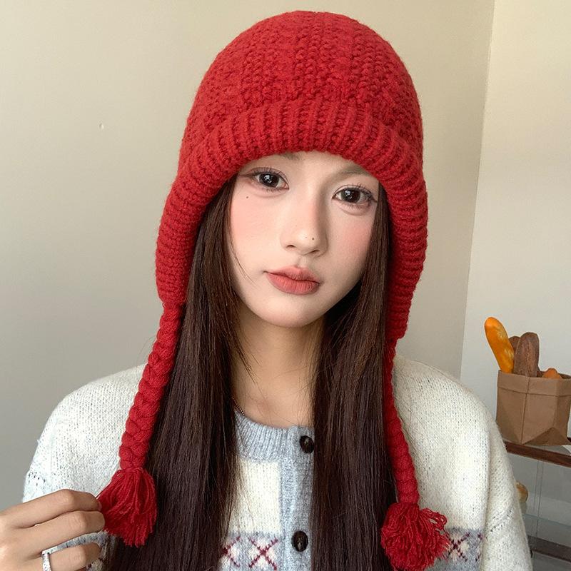 New Braided Ear Protection Knitted Hat Sweet and Versatile Roll Brimmed Hat Large Head Circumference Cold Proof and Warm Woolen Hat for Women