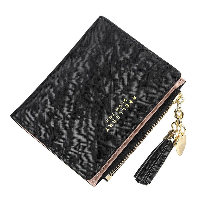 Wallet For Women Short Cardholder Pu Leather With Tassel Decor And Letter Print Design
