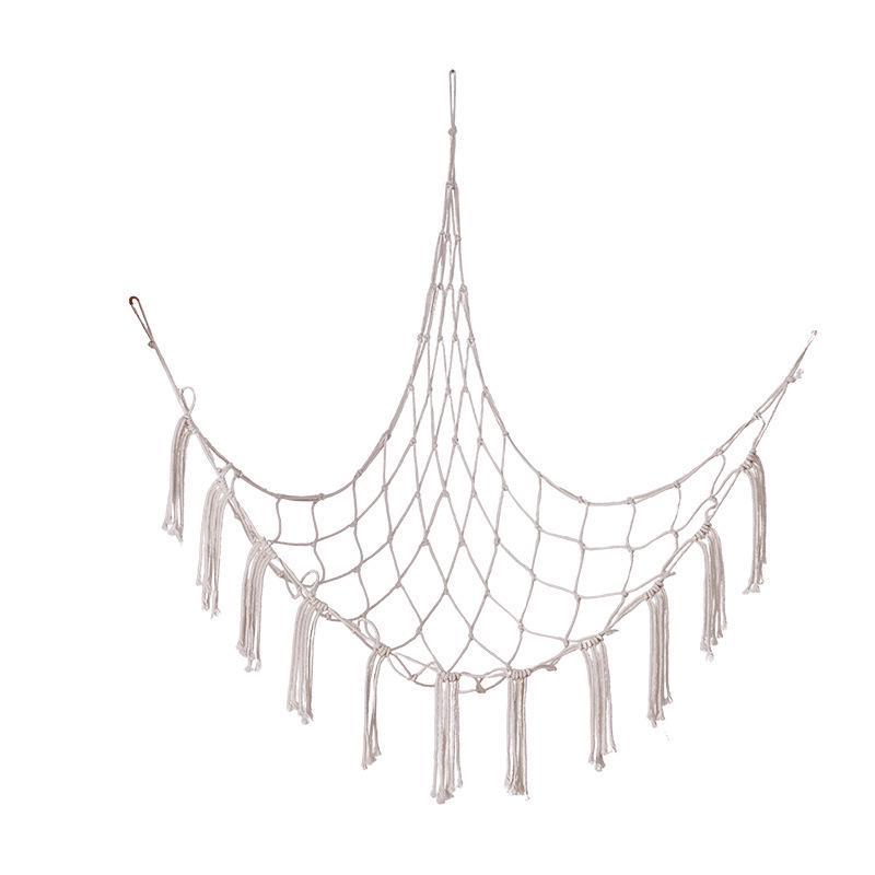 

Children s Room Toy Storage Mesh Bag with Woven Cotton Rope and Wood Bead Tassel Wall Decor