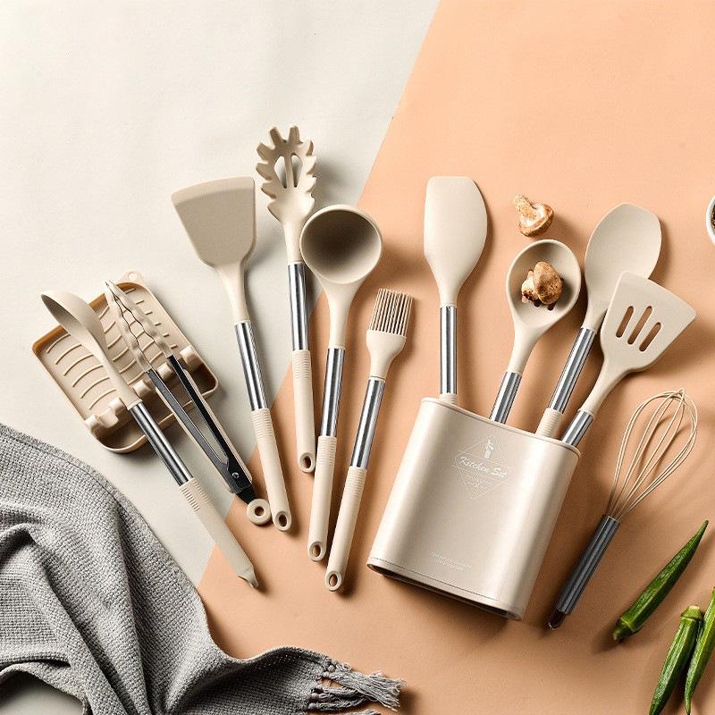 13-Piece Stainless Steel Handle Silicone Kitchen Tools Set - Non-stick Frying Pan, Spatula, Spoon, and More