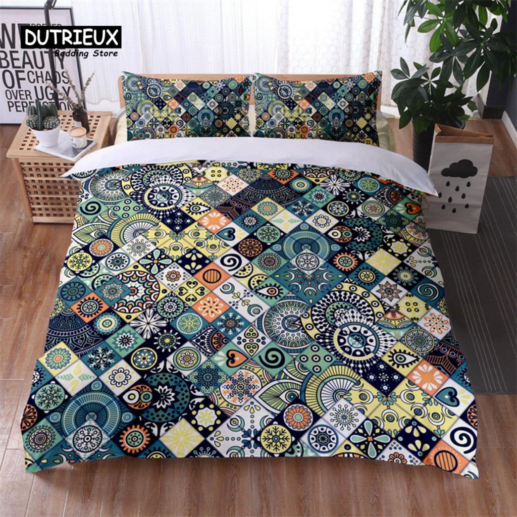 Bohemian Geometric Pattern Bedding Set Dragonfly Chic Mandala Floral Duvet Cover With Pillowcases For Kids Adults Bedroom Decor
