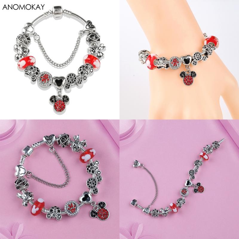 Potdemiel Pink Enamel Crystal Minnie Charm Bracelets Silver Color Heart Cartoon Bead Jewelry for Women Girl Gift