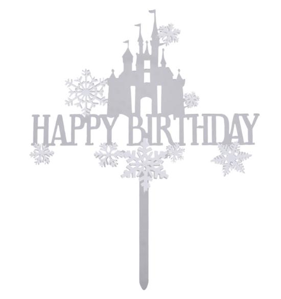 Happy Birthday Castle Cake Topper Silver Acrylic