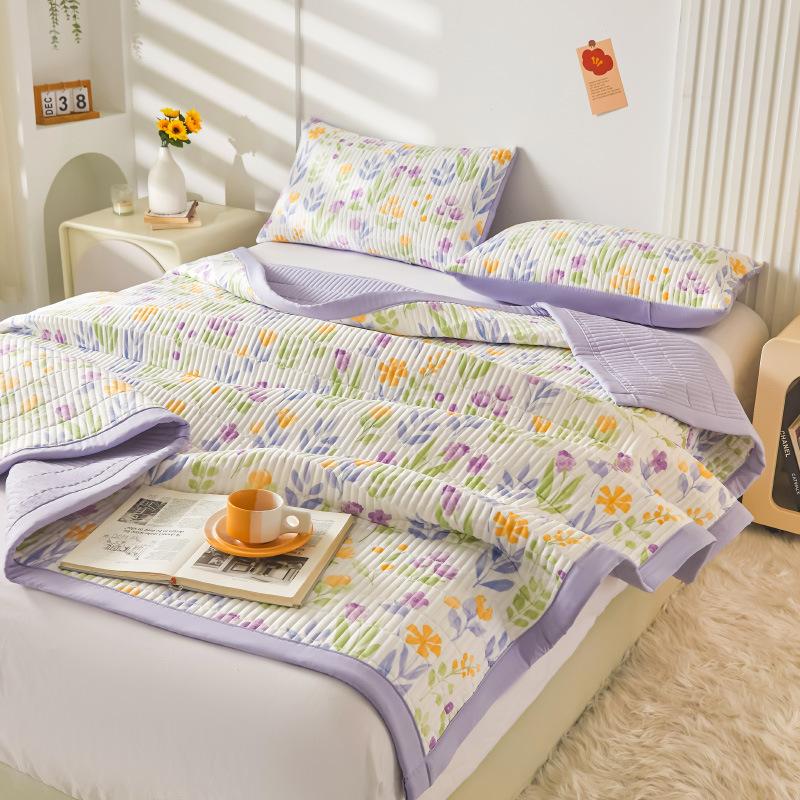3PC Garden Floral Bed Cover Double Gauze Washed Cotton Skin Friendly Bed Cover Thin Quilt