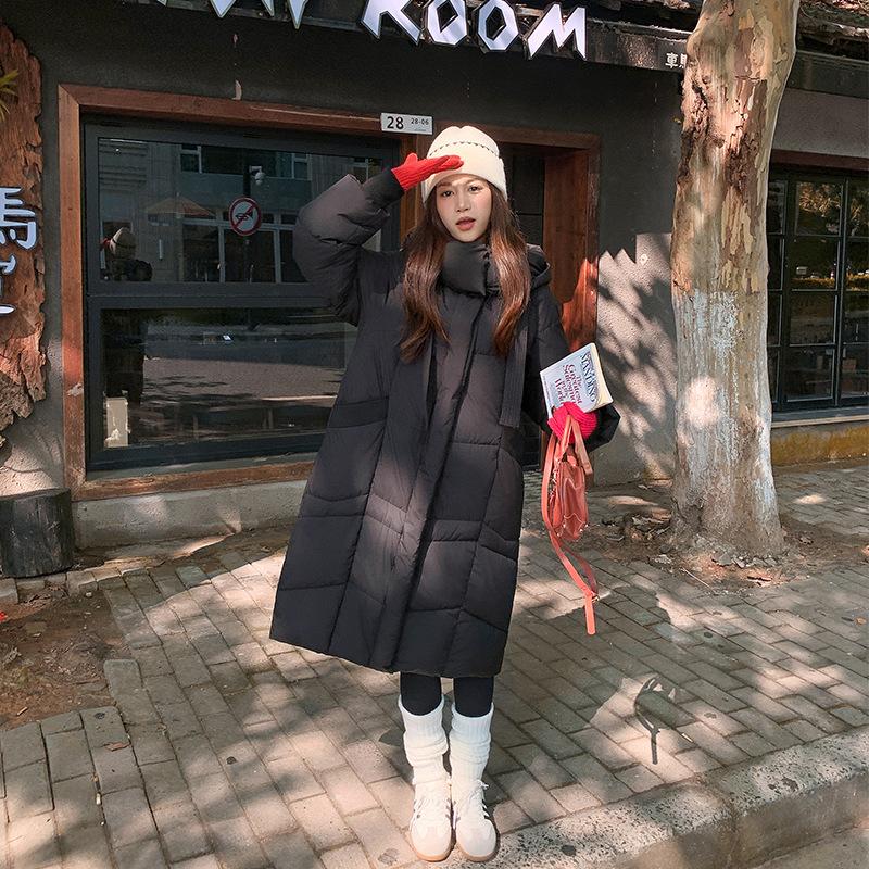 

Зимняя длинная куртка-пуховик с капюшоном выше колена, женская новая свободная утолщенная длинная куртка, пуховик, модная S чёрный