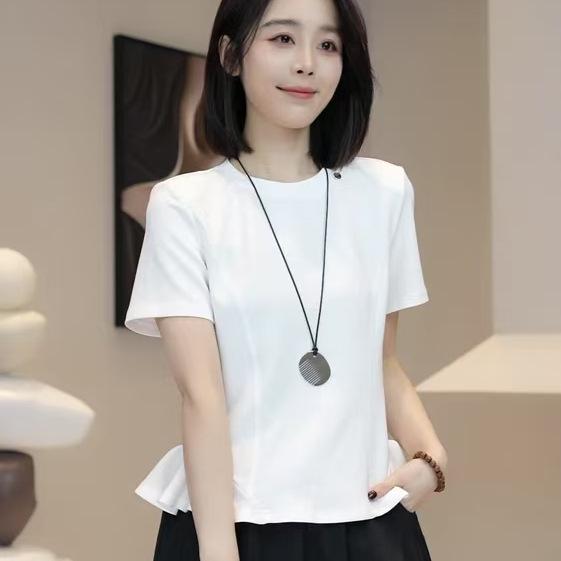 

2025 New Women s Short-Sleeve Ruffle Waist Versatile Round Neck Petite Summer Top L белый