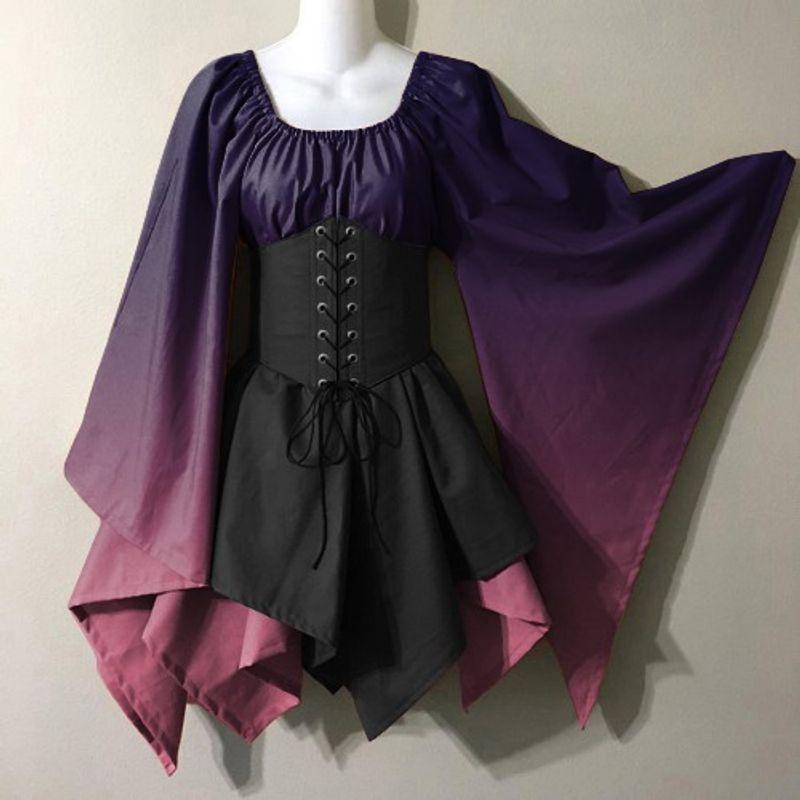 

European and American Gradient Print Retro Cosplay Halloween Performance Dress Bandage Waist Hugging Long sleeve dress Formal Dress Women Purple S