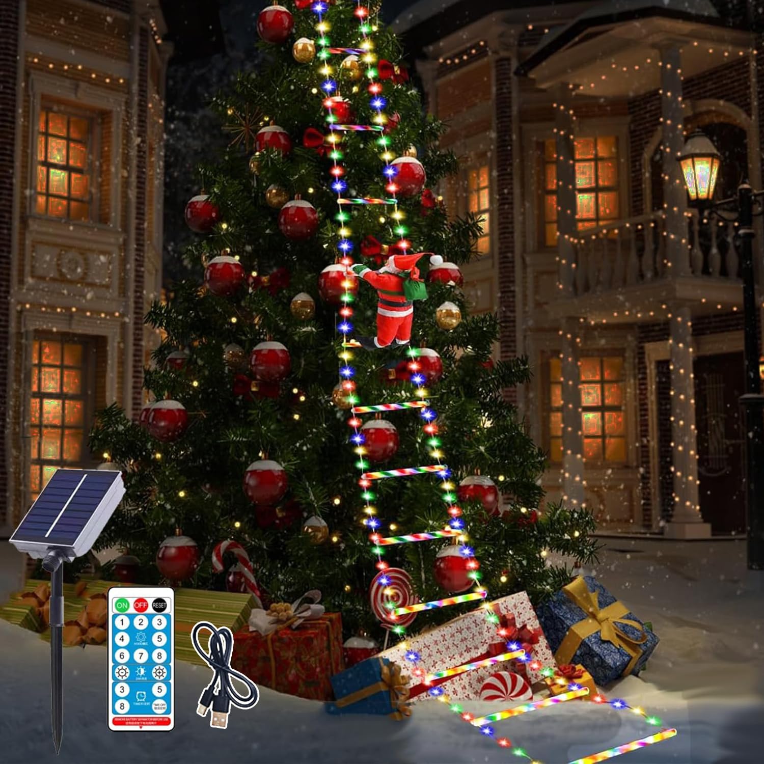 

Рождественские украшения на солнечной батарее, уличные светодиодные гирлянды «Лестница Санта-Клауса» 3 м, перезаряжаемые от солнечной энергии, водонепроницаемые, автоматическое включение/выключение, 8 режимов, таймер