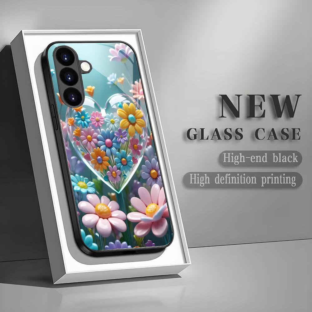 Bunte Blumen-Herzform-Hartglas-Handyhülle geeignet für Samsung GalaxyS26 S25 S24 S22 S21 S20FE/Ultra/Plus sturzsicher