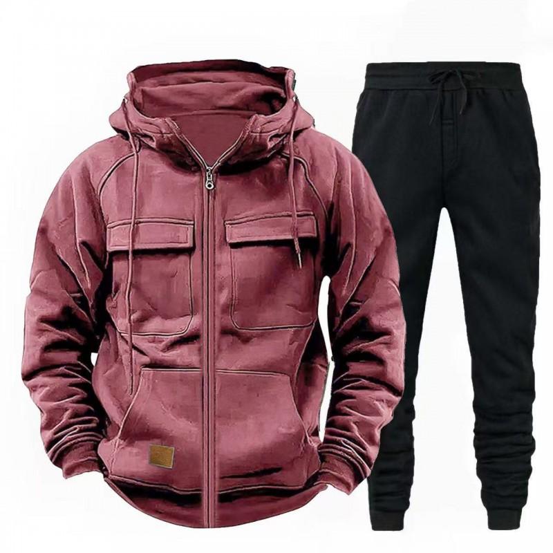 Mens Hooded Zip-Up Workwear Sweatsuit Set Long Sleeve Top Pants Fall Casual Two-Piece Outfit
