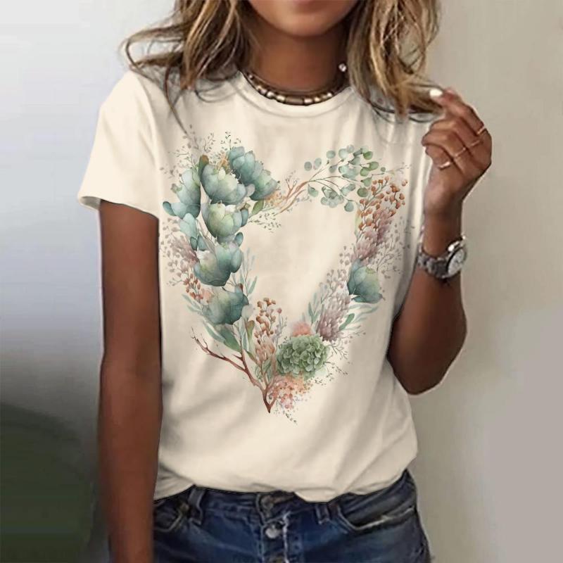 Módní 3D tričko s květinovým potiskem pro ženy Roztomilá dívka Topy s krátkým rukávem Ležérní Výstřih do O Volný svetr Letní trendy Oblečení