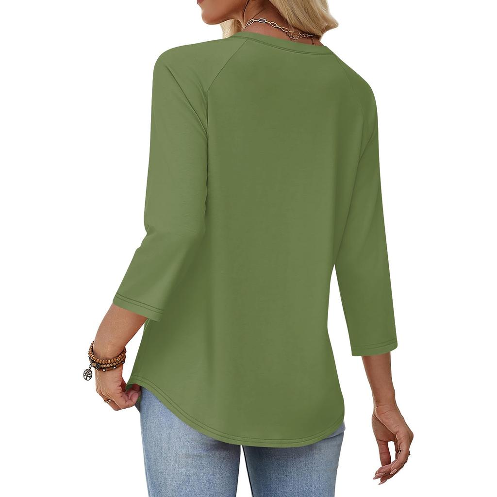 Women 34 Sleeve Crew Neck Button Solid T Shirt Top Comfortable Loose Fit Soft Fabric Casual Style Blouse for Daily Wear