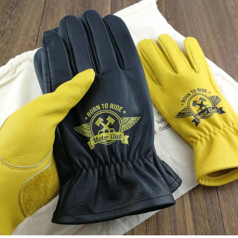 Unisex Motorcycle Rider Cowhide Gloves Classic Black & Yellow Vintage Leather Cycling & Outdoor Riding heavy Duty Work Luvas