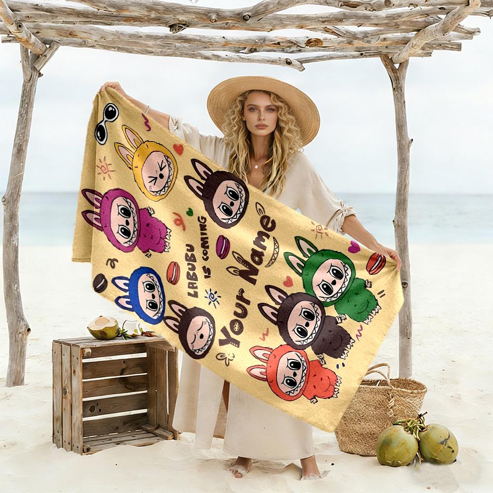 Labubu Customizable Name Beach Towel Super Soft Microfiber Quickdry Fabric Ideal for Travel Outdoor Swim Pool Yoga Surf Camping Hiking Gym Gift Holida