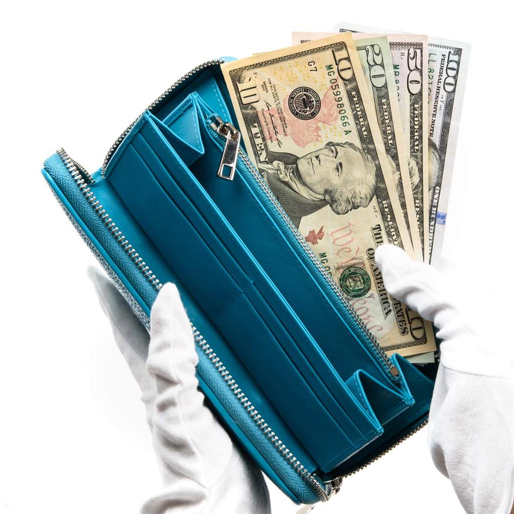 [Revetta] Stingray Leather Long Wallet, Round Zipper, 9 Colors Available, Stingray, Galuchat, Sky Blue, Light Blue, Genuine Leather, Large Capacity [1