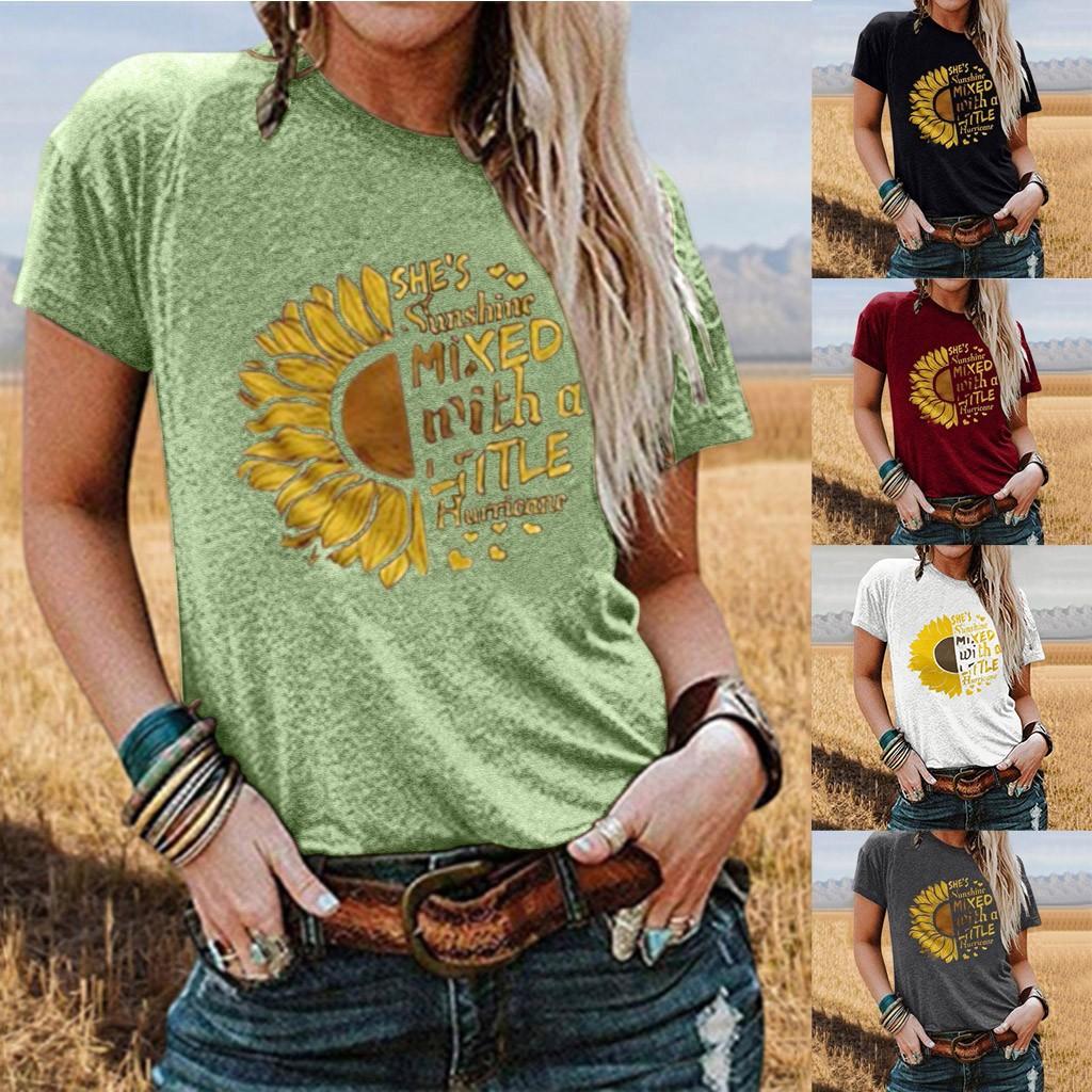 

Women s Casual Sunflower Printing Short Sleeve Slim Tee T-Shirt